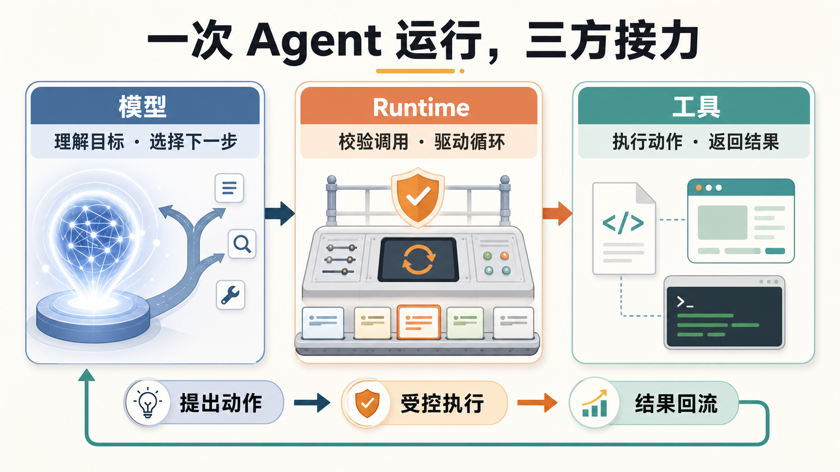 模型提出动作、Runtime 约束执行、工具接触环境的职责分工